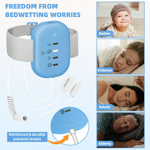 USB Rechargeable Bed Wetting Alarm for Boys and Girls With Ultra Sensitive Sensor, Loud Beep and Strong Vibration, Kid Friendly Potty Training Aid for Nighttime Enuresis, Quick Wake Up Call, Durable and Easy to Use, Blue, belt clip and sensor cord