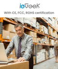 Man at warehouse with stacks of boxes, wearing a tie, under IoGeek logo with CE, FCC, ROHS certification.