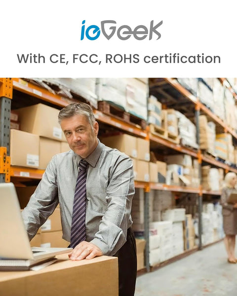 Man at warehouse with stacks of boxes, wearing a tie, under IoGeek logo with CE, FCC, ROHS certification.