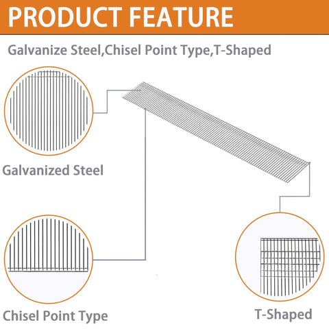 High Impact 18 Gauge Galvanized Brad Nails 3/8 Inch Length 4000 Count Box features galvanized steel, chisel point type, and T-shaped design.