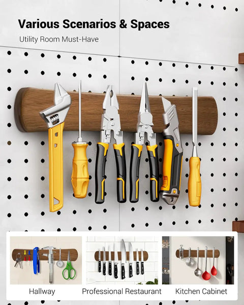 Magnetic Knife Holder For Wall And 16 Inch Acacia Wood Knife Strip with various tools attached, kitchen storage organizer.