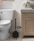 Heavy Duty Black Toilet Plunger And Brushed Nickel Holder 20.75 inches for quick plumbing fixes in a modern bathroom.