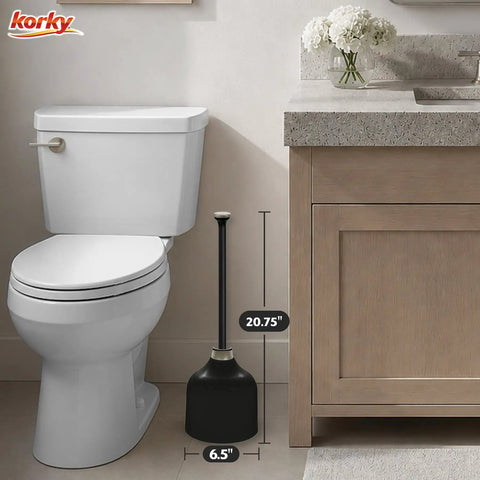 Heavy Duty Black Toilet Plunger And Brushed Nickel Holder 20.75 inches for quick plumbing fixes in a modern bathroom.