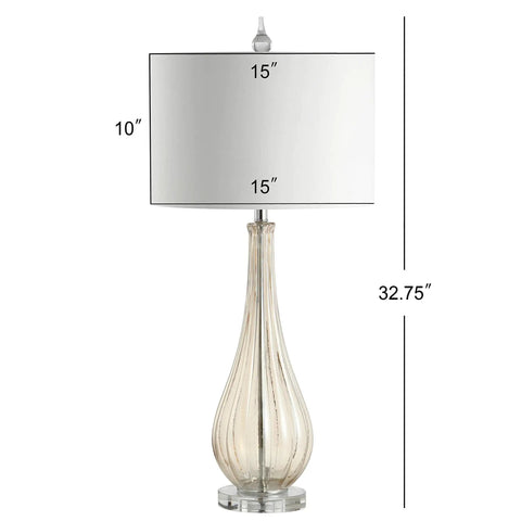 Champagne Glass Table Lamp With Teardrop Crystal Accent, 32.75 Inch Tall, White Faux Silk Drum Shade, Living Room Bedside Light, UL Listed, LED Bulb Included, Totally Chic Yet Classic