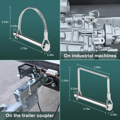 Heavy Duty Ten Piece PTO Shaft Locking Pins Set With Safety Couplers One Quarter Inch By Two And Three Quarters Inch Two Shapes Square And Arch Marine Grade Carbon Steel Silver Universal Fit For Trailers And Hitches showing dimensions and applications on industrial machines and trailers