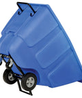 Blue Plastic Tilt Dump Cart With Half Cubic Yard Capacity And 450 Lb Load Rating Featuring Rust Resistant Steel Frame, angled view.