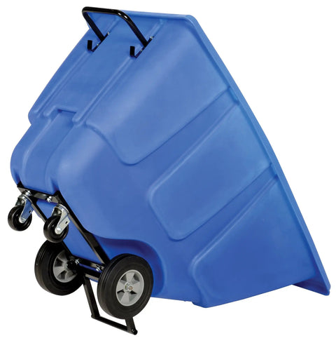 Blue Plastic Tilt Dump Cart With Half Cubic Yard Capacity And 450 Lb Load Rating Featuring Rust Resistant Steel Frame, angled view.
