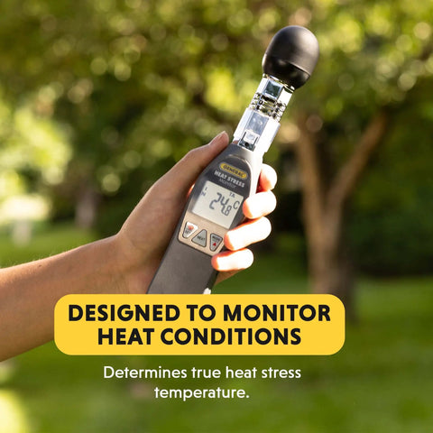 Handheld Heat Stress Monitor With WBGT Globe Temperature And Humidity Readouts For On Job Sites And Gyms in a person's hand