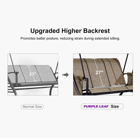 Comparison of backrest sizes on Three Seat Deluxe Outdoor Porch Swing With Weather Resistant Steel Frame Heavy Duty Construction Adjustable Tilt Canopy Beige Side Storage Pockets And Smooth Rocking Motion Supports Up To 750 Pounds, showing normal and upgraded larger size.