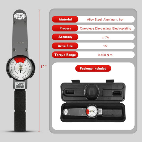 Dial Indicator Torque Wrench With One Half Inch Drive 0-100 Nm Range High Precision Torque Meter 3 Percent Accuracy Pro Grade Tool For Auto Enthusiasts Mechanics And DIY Garage Projects.