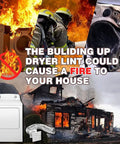 Collage showing fire risks of lint buildup in dryers, with firefighters and damaged dryer, promoting Gotta Have Dryer Lint Vacuum Attachments Kit.