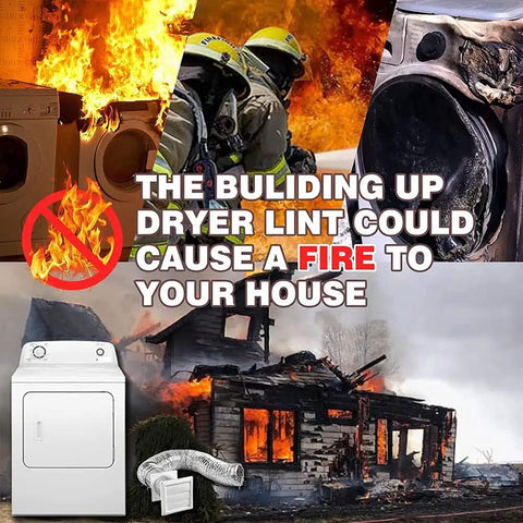 Collage showing fire risks of lint buildup in dryers, with firefighters and damaged dryer, promoting Gotta Have Dryer Lint Vacuum Attachments Kit.
