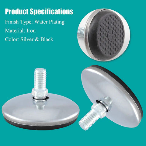 M8 Swivel Furniture Leveling Feet T Nuts 2 Inch Pad with threaded stud and rubber bottom for stable furniture support, iron material.