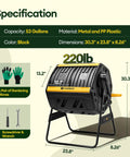 Outdoor Dual Chamber 53 Gallon Compost Tumbler With 360 Degree Spin Sliding Doors Solid Steel Frame Built In Mixing Bars Adjustable Air Vents For Odor Control And Faster Decomposition In Your Backyard Garden with dimensions and accessories shown.