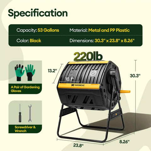 Outdoor Dual Chamber 53 Gallon Compost Tumbler With 360 Degree Spin Sliding Doors Solid Steel Frame Built In Mixing Bars Adjustable Air Vents For Odor Control And Faster Decomposition In Your Backyard Garden with dimensions and accessories shown.