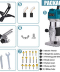Heavy Duty 800W Wood Router Paired With A Rock Solid 15 Piece Tungsten Carbide Bit Set And Quick Change Quarter Inch Collet, included parts and tools.
