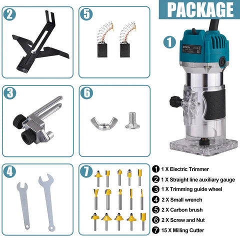Heavy Duty 800W Wood Router Paired With A Rock Solid 15 Piece Tungsten Carbide Bit Set And Quick Change Quarter Inch Collet, included parts and tools.