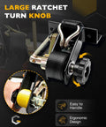Badass Heavy Duty Ratchet Straps With J Hooks For Ladder Rack And Pickup Cargo 1.5 Inch Wide Webbing Four Pack showing large turn knob for easy handling.