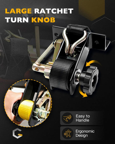 Badass Heavy Duty Ratchet Straps With J Hooks For Ladder Rack And Pickup Cargo 1.5 Inch Wide Webbing Four Pack showing large turn knob for easy handling.