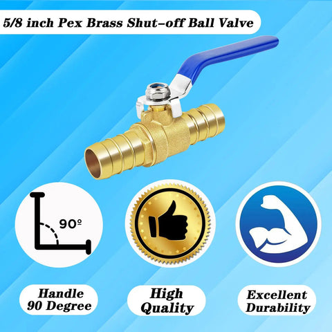 Hose Barb Ball Valve Kit Five Eighths Inch Shut Off Valve With Stainless Steel Clamps on a blue background showcasing features
