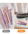 Before and after of makeup brushes in a Stylish Beige PU Leather Travel Makeup Bag, Super Portable Transparent Waterproof Cosmetic Organizer Pouch with Zipper for Women, Perfect for Home, Office, and Daily Adventures, Compact Design Holds Brushes and Essentials Easily, Essential On-The-Go.