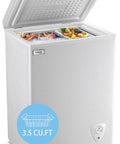 Game Changer Mini Chest Freezer 3.5 Cubic Feet With Lift Out Basket And Silent Thermostat top view with seafood and fruits inside.