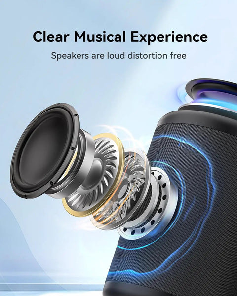 Exploded view of Ultra Lightweight Portable Bluetooth Speaker With LED Lights TWS Stereo Sound Type C Power Bluetooth 5.3 AUX And TF Card Input Outdoor Ready Mini Speaker showing internal components.