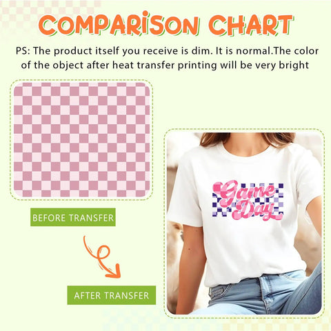 Comparison chart showing Checkerboard Sublimation Transfer Sheets Set, 12 Sheets 12 By 10 Inches, on a tee before and after transfer.
