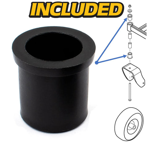 Pro Grade Front Axle Caster Pivot Rebuild Kit For Ariens Gravely Mowers With Flange Bushings, Heavy Duty Spacers, Thrust Washers, Washers, Lock Nut And Bolt Hardware Included. black flange bushing
