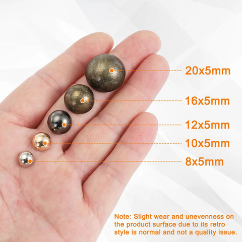 Straight Up Top Shelf 1/2 Dome Spike Studs With Screw Back For Leather Jacket Craft Bag Making Heavy Duty Metal Rivets Hella Durable In Classic Silver Finish displayed in hand showing size variations.