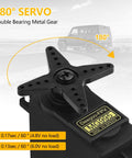 Four Pack Beefy 55G Metal Gear Micro Servo Motors For RC Cars Robots Helicopters High Speed 180 Degree Rotation Mini Servos For Arduino Projects And Diy RC Upgrades depicted with rotation angle and specs in background.