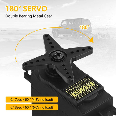 Four Pack Beefy 55G Metal Gear Micro Servo Motors For RC Cars Robots Helicopters High Speed 180 Degree Rotation Mini Servos For Arduino Projects And Diy RC Upgrades depicted with rotation angle and specs in background.