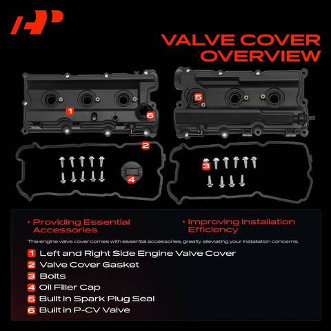 Beefed-Up Pair Of Left And Right Engine Valve Covers With Gasket Bolts And Oil Filler Cap For Nissan Frontier Pathfinder Xterra NV1500 NV2500 NV3500 V6 4.0L VQ40DE, with labeled parts.