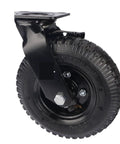Premium No Sweat 8 Inch Pneumatic Rubber Caster With Side Brake, solid black wheel for heavy duty luggage carts and furniture movers.