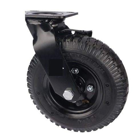 8 Inch Pneumatic Rubber Caster Wheel Featuring Secure Side Brake Heavy Duty Workhorse For Hotel Luggage Cart side view with mounting plate.
