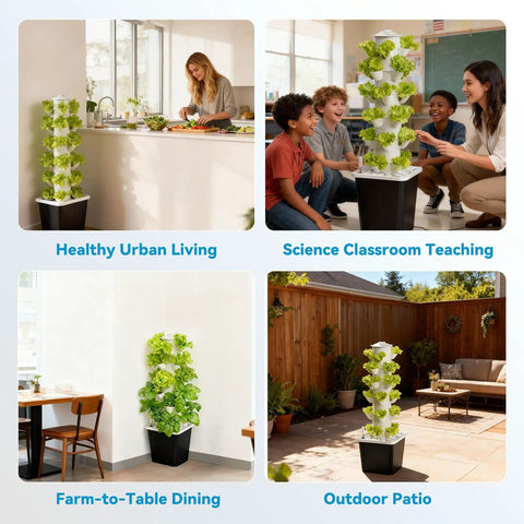 Four scenes showing the Space Saving Vertical Hydroponic Garden Tower With 5000K Full Spectrum Grow Lights And Dual Timers.