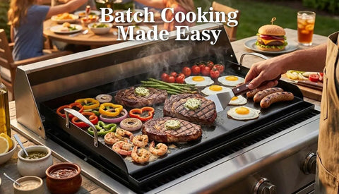 Grillin Ready 25 Inch By 16 Inch Cast Iron Griddle For Gas Grills With Nanoceramic Nonstick Coating used for outdoor cooking.