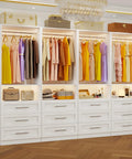 Modular Walk In Closet System with 4 Sets Extending 8 to 21 Feet Including 12 Spacious Drawers displaying organized clothing.