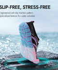 Hiking Barefoot Water Shoes For Men And Women Quick Dry Beach Swim Shoes with thick rubber soles and non-slip treads in water.
