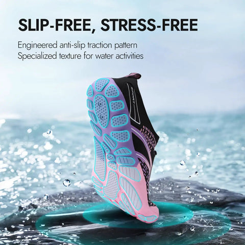 Hiking Barefoot Water Shoes For Men And Women Quick Dry Beach Swim Shoes with thick rubber soles and non-slip treads in water.