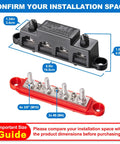 Heavy Duty 12V Bus Bar Power Distribution Block Packing 250A Peak Current And Stainless Steel Terminals with dimensions displayed.