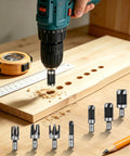 Eight Piece Premium Black Wood Plug Cutter Drill Bit Set Featuring Straight And Tapered Shapes With A Heavy Duty Hex Shank for clean plugs.