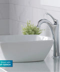 Elavo Square Vessel Sink In White Porcelain Ceramic For Bathrooms, 16.5 Inch, Easy Clean, paired with chrome faucet and plant