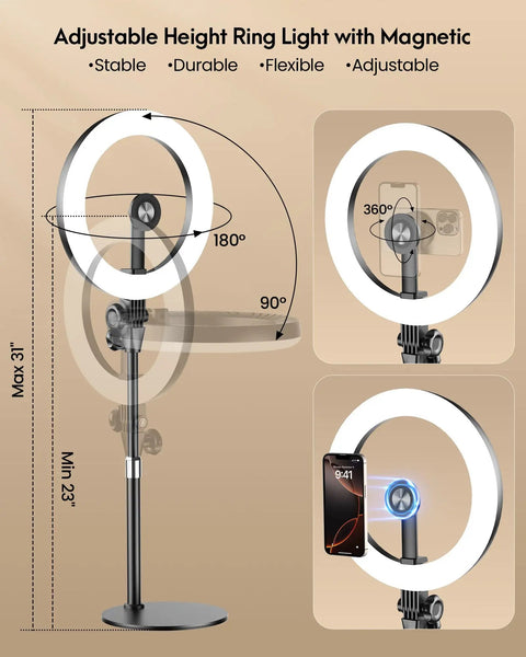 10.5 Inch Ring Light Desk Kit With Magnetic Phone Holder, 30 Bangin Lighting Modes, Adjustable Height And Tilt For Video Calls