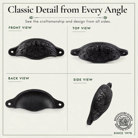 Premium Black Wrought Iron Floral Drawer Pull Cup Bin Handle 4.5 Inch showcased from four angles for detailed views.