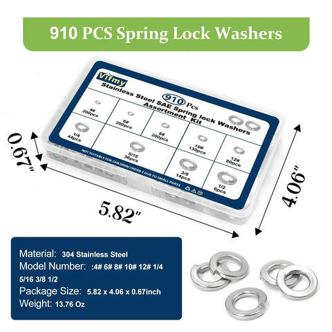 SAE Spring Lock Washers Assortment Kit 910 Pack With Nine Sizes In 304 Stainless Steel for screws and bolts in packaging