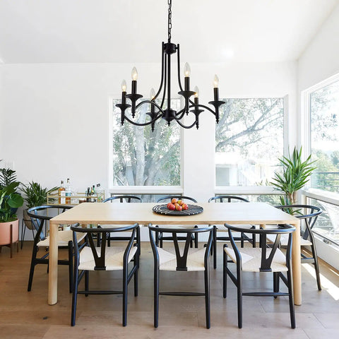 Black Farmhouse Chandelier Industrial Iron Six Light Pendant for dining room with rustic candle style and sturdy frame