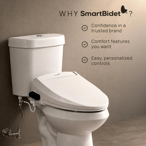 Slick Smart Bidet Toilet Seat With Heated Seat And Warm Water Spray Plus Air Dryer Remote Control Elongated Shape on a bathroom toilet.
