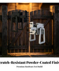Heavy Duty Double Sided Door Latch With Included Key And Mounting Screws Secure Square Gate Lock For Barn Wood Fences shown on a wooden gate.