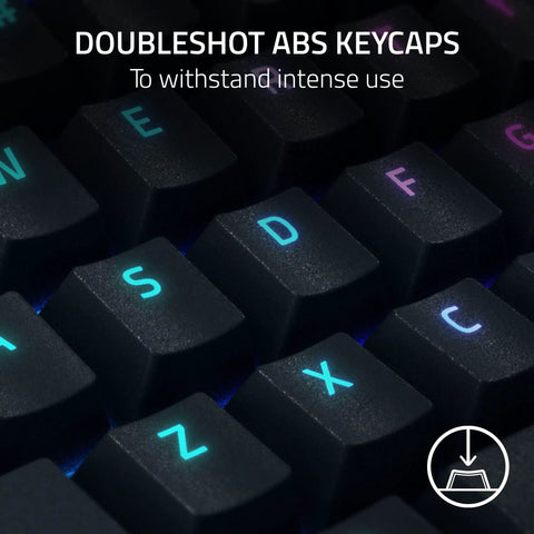 Close-up of Top Tier Mechanical Gaming Keyboard With Kickass Clicky Green Switches exhibiting durable Doubleshot ABS keycaps.